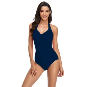 2021 European and American foreign trade new style bikini ladies solid color pleated halterneck strap one-piece swimsuit