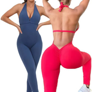 women nylon solid sleeve halter neck sports jumpsuits with compression backless design for workout