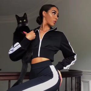 cotton jacket activewear set elastic waist crop plaid active wear woman women's sports gym fitness yaga wear