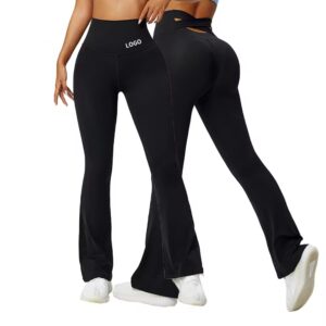 black plus size tummy control compression butt lifting flare leggings for women with pockets