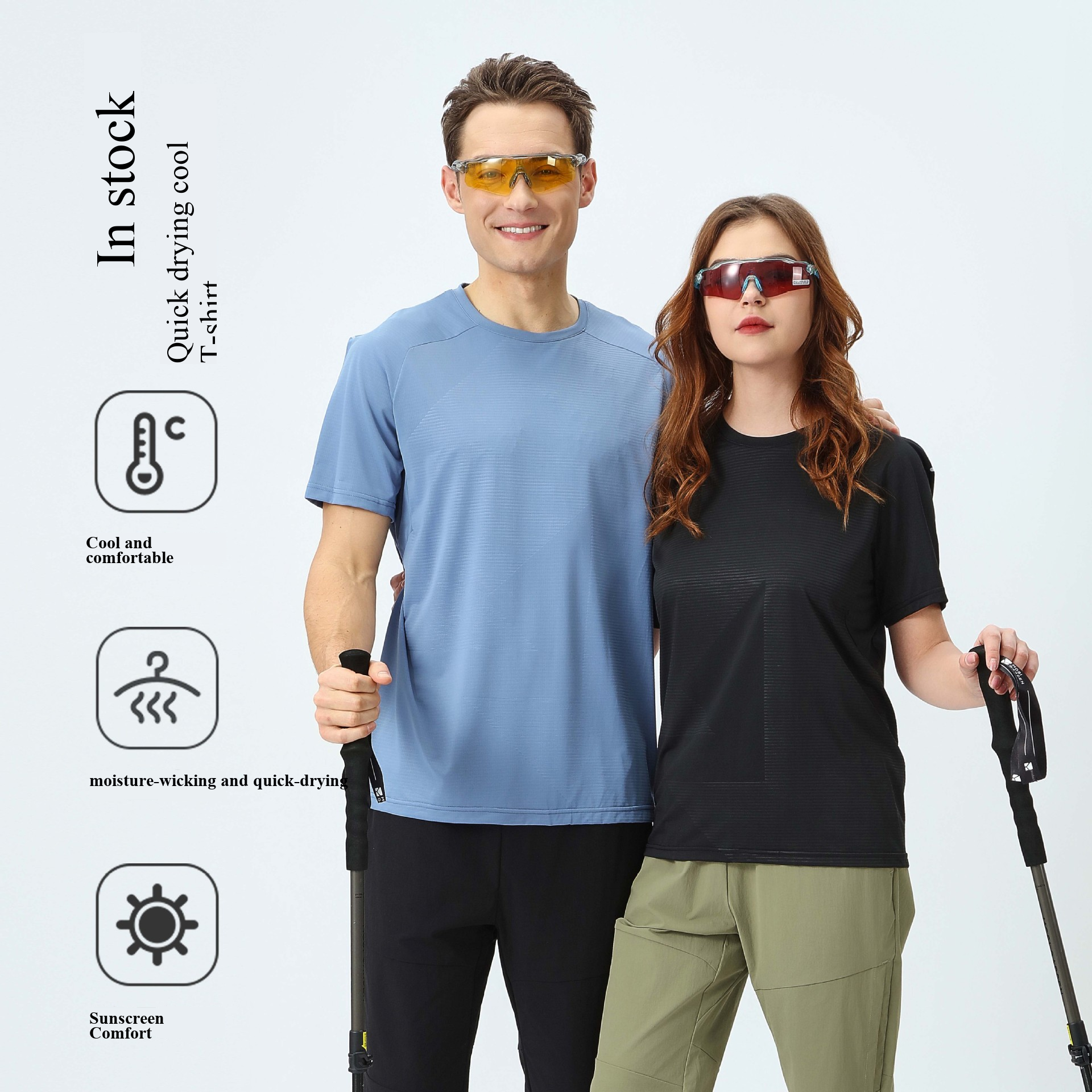 summer new round neck ice silk quick dry t shirt for men and women, skin friendly, breathable, sports outdoor elastic short sleeved