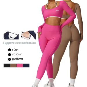 long sleeve yoga top built in bra hollow out back workout clothes gym crop tops padded sports t shirt lady shirts