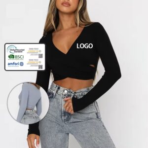 sexy and fashion back design cotton long sleeve crop top for ladies