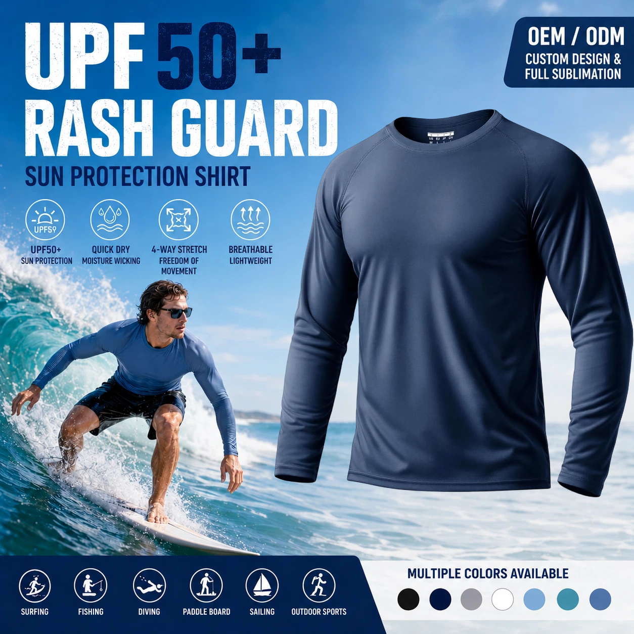 long sleeve rash guard upf 50+ custom private label surf shirt performance uv beach top